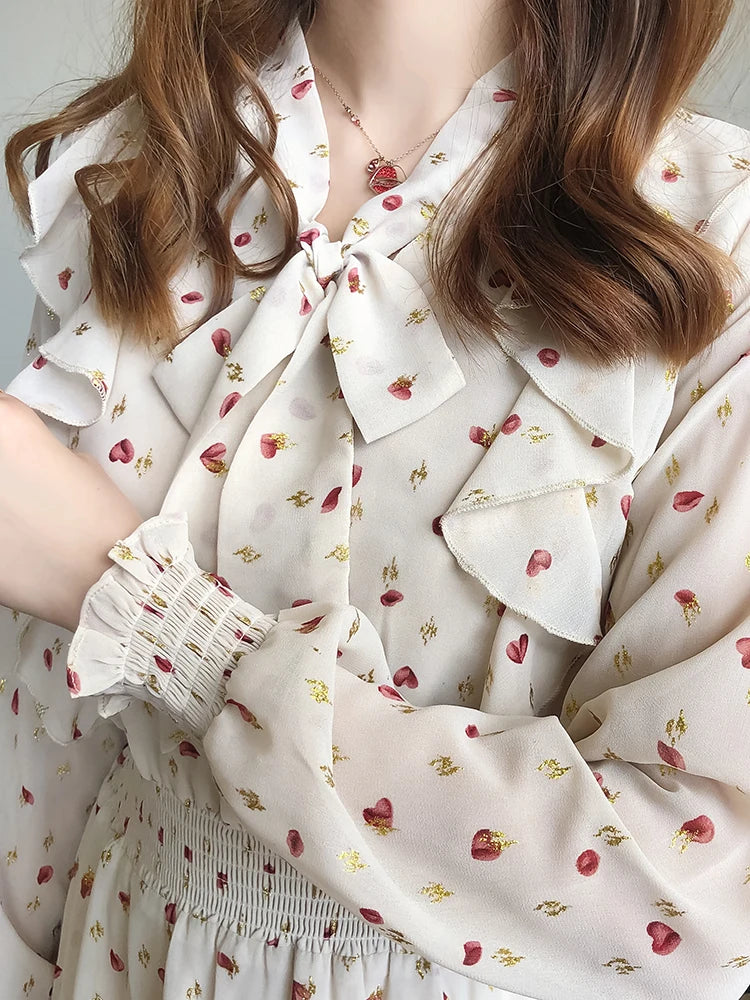 2021 Autumn Dress Women V Neck Bow Tie Chiffon Floral Dresses Elegant French Style Slim Waist Hearts Printed Long Sleeve Dresses