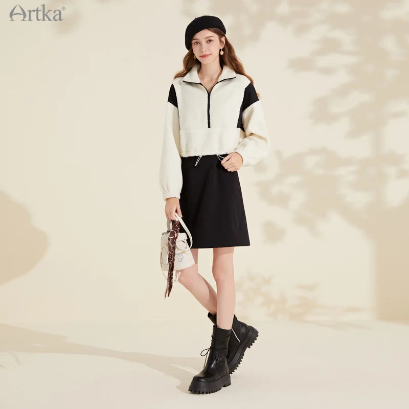 ARTKA 2021 Winter New Women Sweatshirt Fashion Casual Stand Collar Warm Lambswool Sweatshirt Thicken White Sweatshirts WA20210D