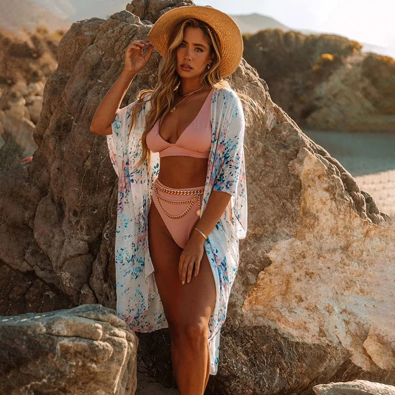 Boho Sexy Swimsuit Cover Up Beach Outing Fashion Print Bikini Cover-ups Kimono 2023 Women Beachwear Swimwear Pareo Woman Clothes