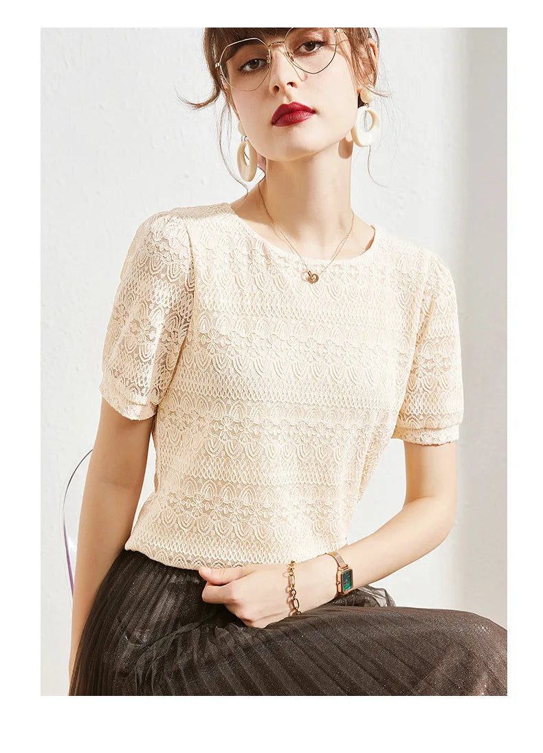 2023 Summer New Style Lace Shirt Women's Western Style Small Shirt Women Short-sleeved French Puff Sleeve Round Neck Top Women