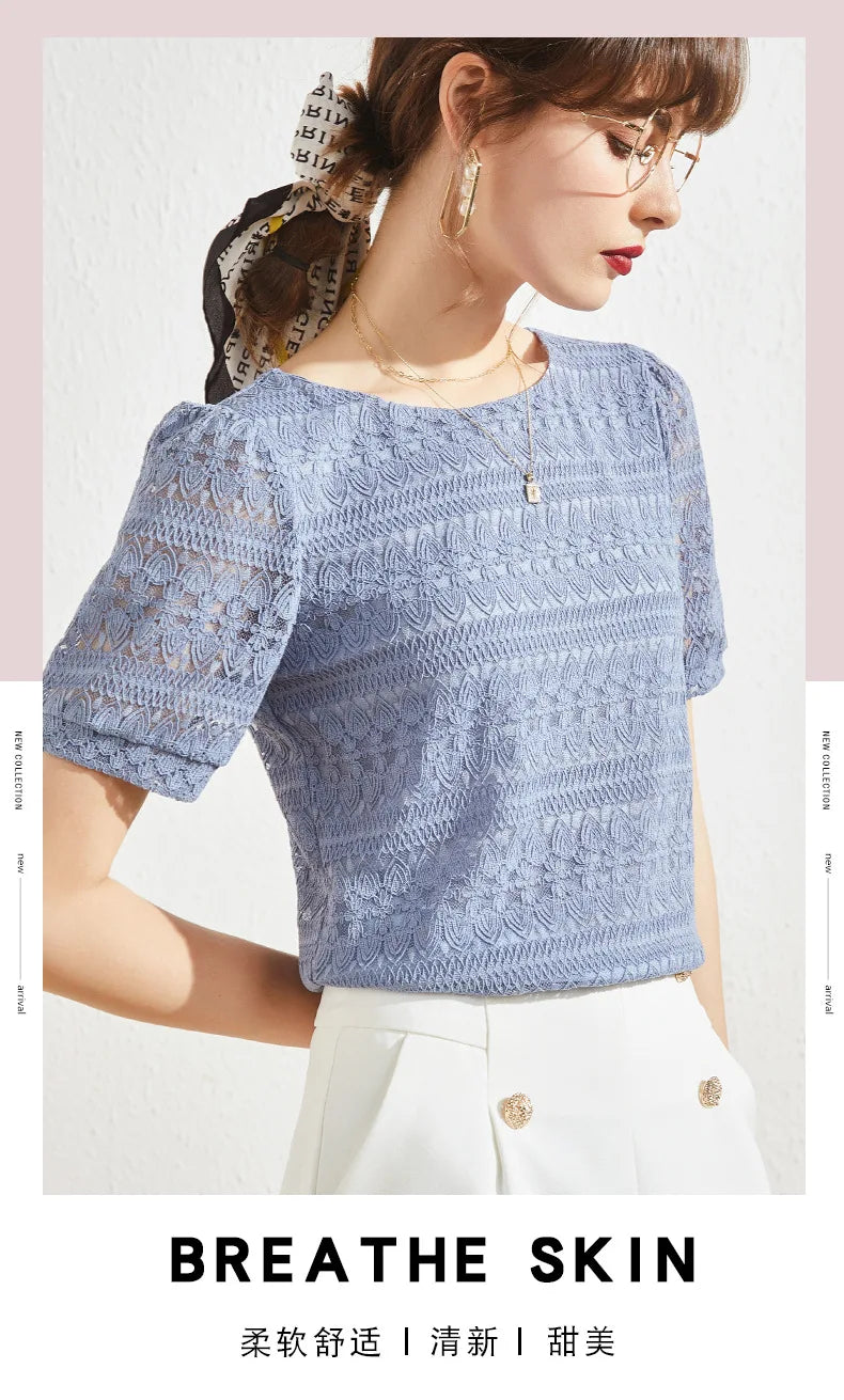 2023 Summer New Style Lace Shirt Women's Western Style Small Shirt Women Short-sleeved French Puff Sleeve Round Neck Top Women
