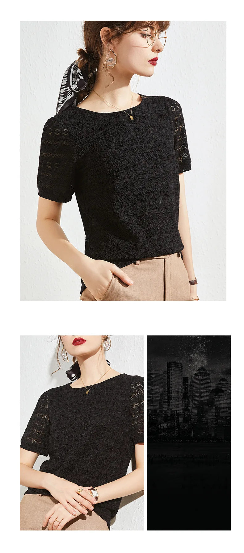 2023 Summer New Style Lace Shirt Women's Western Style Small Shirt Women Short-sleeved French Puff Sleeve Round Neck Top Women