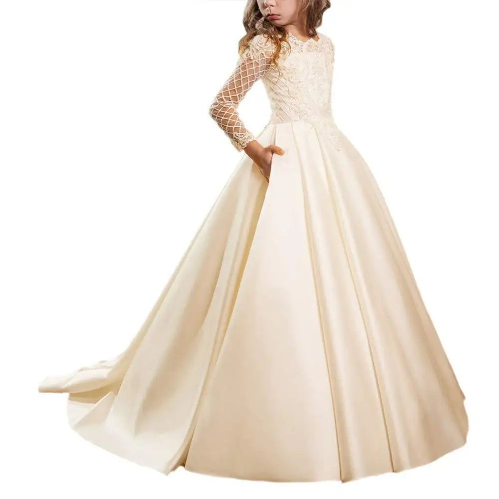 Long Sleeves Children Wedding Dress For Little Kids First Holy Communion Formal Satin Lace Princess Party Prom Dress for 3-12yrs