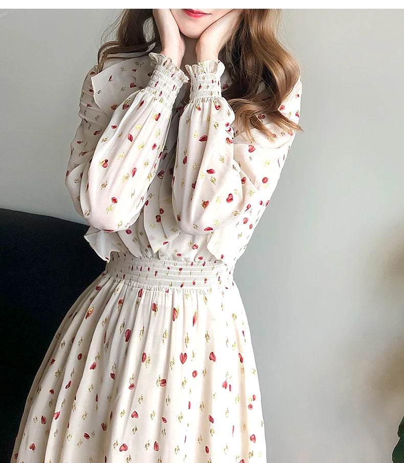 2021 Autumn Dress Women V Neck Bow Tie Chiffon Floral Dresses Elegant French Style Slim Waist Hearts Printed Long Sleeve Dresses