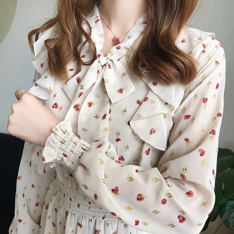 2021 Autumn Dress Women V Neck Bow Tie Chiffon Floral Dresses Elegant French Style Slim Waist Hearts Printed Long Sleeve Dresses