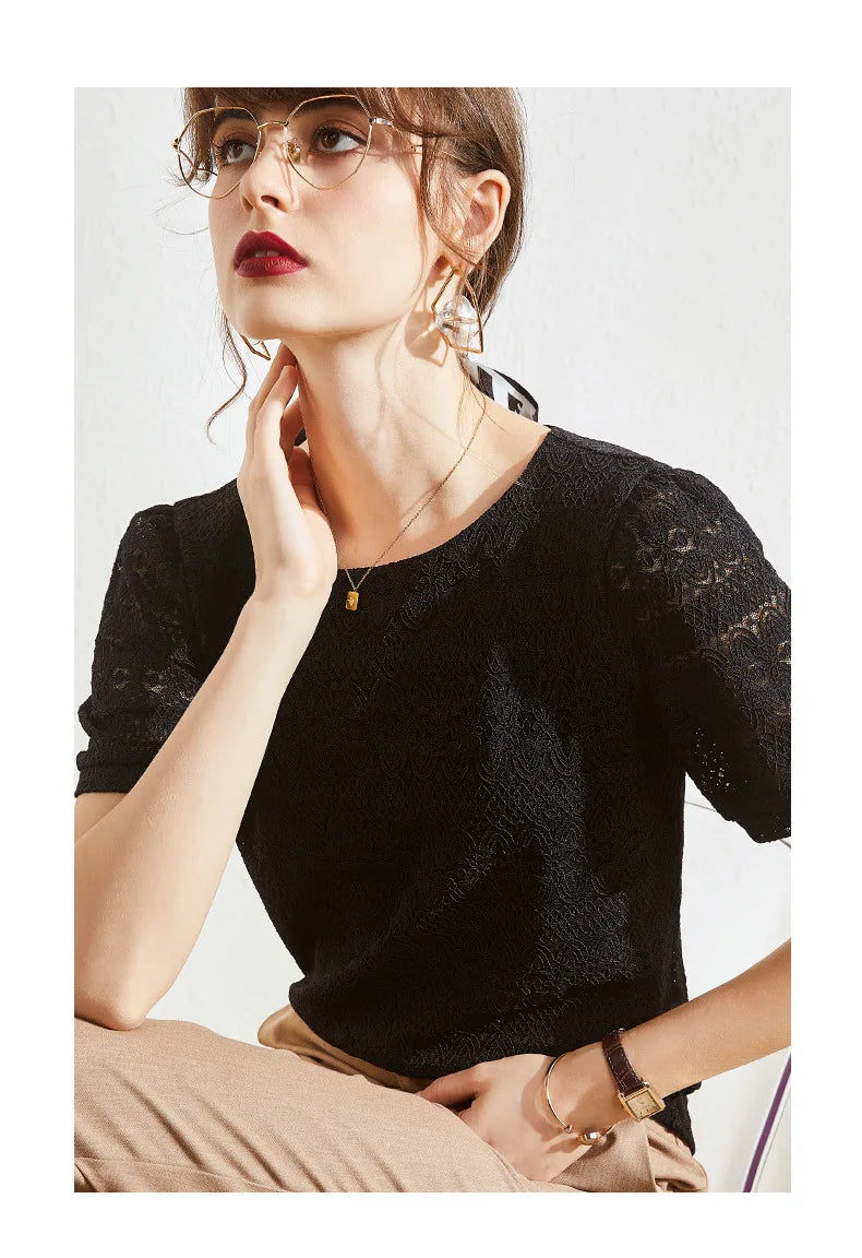 2023 Summer New Style Lace Shirt Women's Western Style Small Shirt Women Short-sleeved French Puff Sleeve Round Neck Top Women