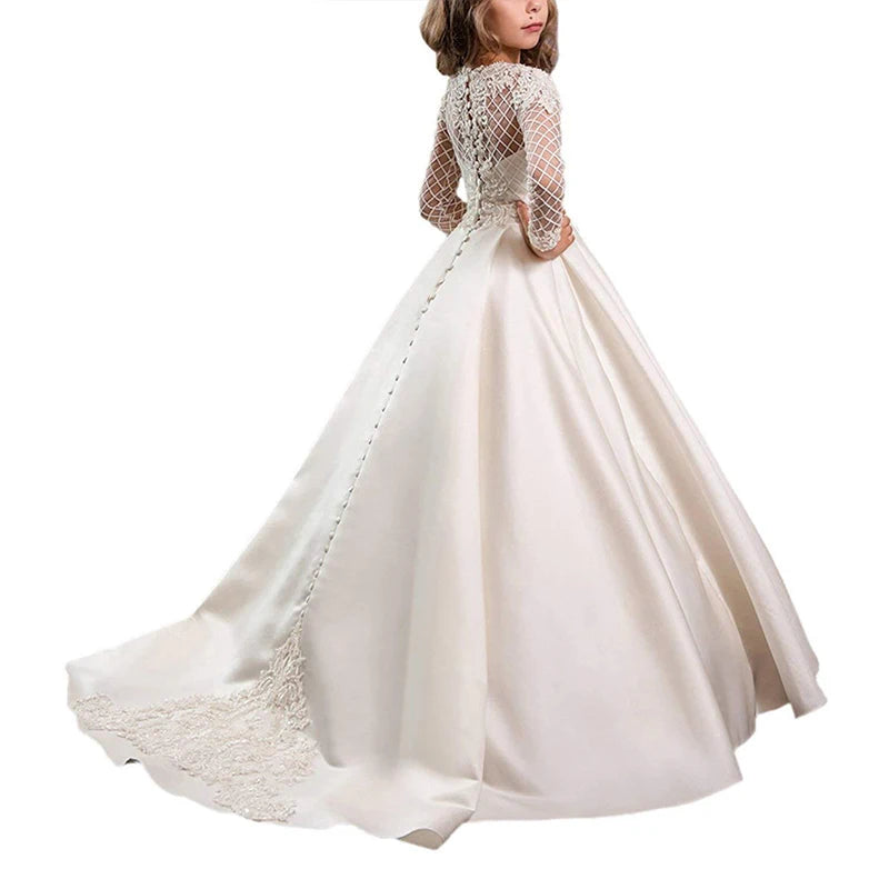 Long Sleeves Children Wedding Dress For Little Kids First Holy Communion Formal Satin Lace Princess Party Prom Dress for 3-12yrs