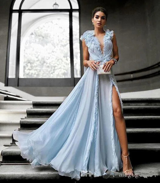 Sky Blue Formal Celebrity Dresses A-line Deep V-neck Chiffon Slit Sexy Long Evening Dresses Famous Red Carpet Dresses Customized