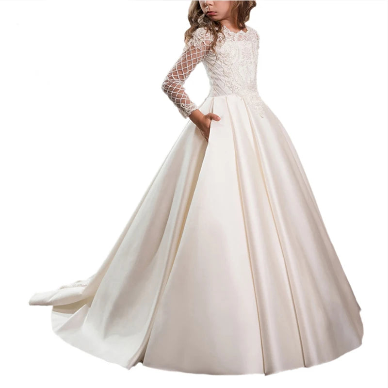 Long Sleeves Children Wedding Dress For Little Kids First Holy Communion Formal Satin Lace Princess Party Prom Dress for 3-12yrs