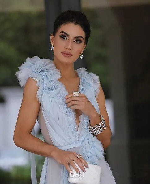 Sky Blue Formal Celebrity Dresses A-line Deep V-neck Chiffon Slit Sexy Long Evening Dresses Famous Red Carpet Dresses Customized