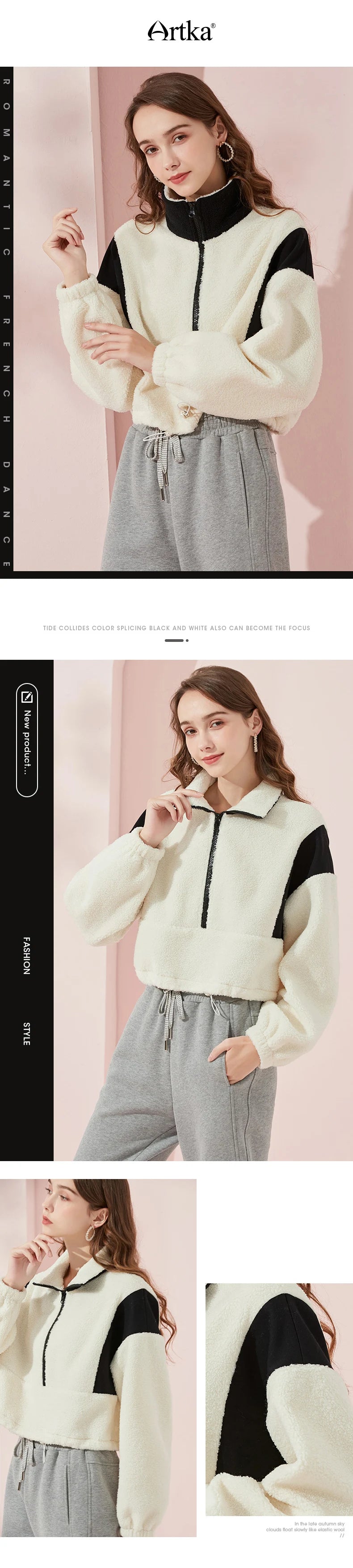 ARTKA 2021 Winter New Women Sweatshirt Fashion Casual Stand Collar Warm Lambswool Sweatshirt Thicken White Sweatshirts WA20210D