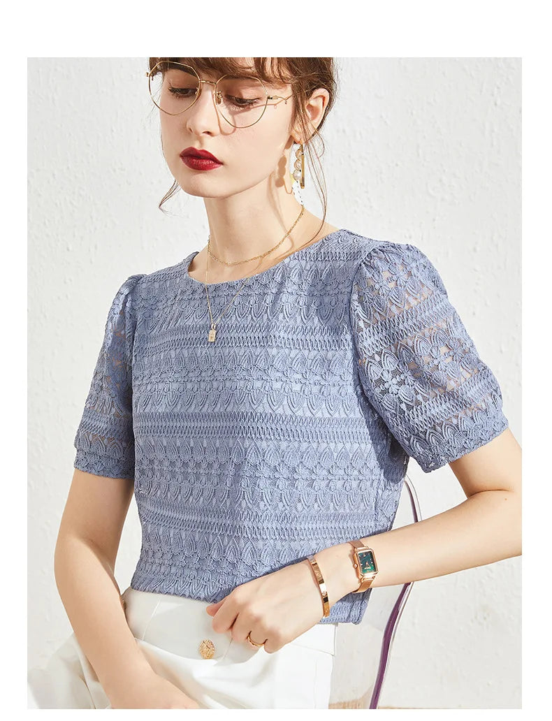 2023 Summer New Style Lace Shirt Women's Western Style Small Shirt Women Short-sleeved French Puff Sleeve Round Neck Top Women