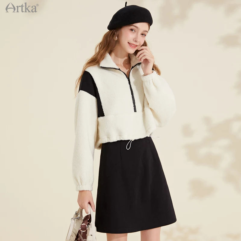 ARTKA 2021 Winter New Women Sweatshirt Fashion Casual Stand Collar Warm Lambswool Sweatshirt Thicken White Sweatshirts WA20210D