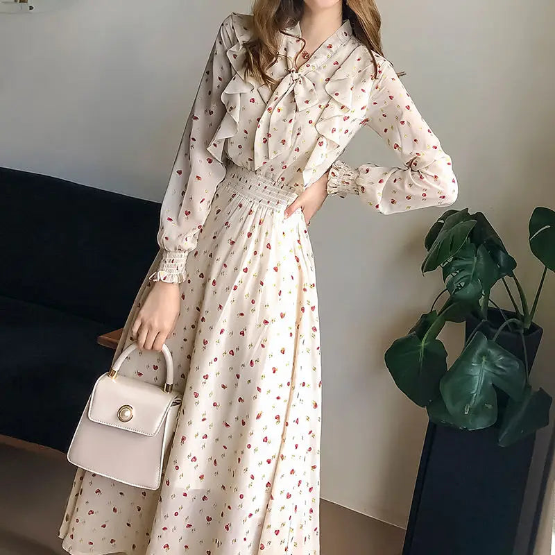 2021 Autumn Dress Women V Neck Bow Tie Chiffon Floral Dresses Elegant French Style Slim Waist Hearts Printed Long Sleeve Dresses