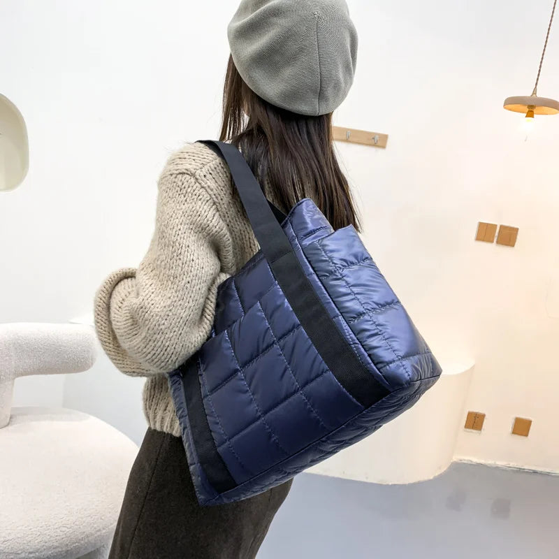 Luxury Design Lattice Totes Women's 2021 New Winter Down Cotton Jacket Bags Brand Shoulder Bag Female Shopping Handbag and Purse