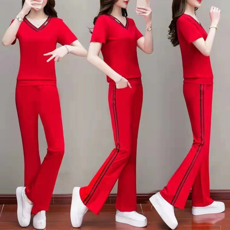 2022 new short sleeve V-neck T-shirt fashion casual wear two piece suit sports micro flared pants suit