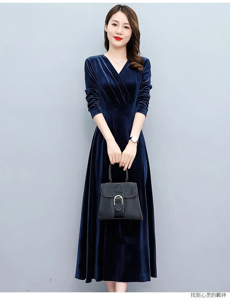 2024 Vintage Long Sleeve Women Sexy Midi Dresses Autumn Winter Velvet Thick Warm Dress Elegant Bodycon Party Night Maxi Vestidos