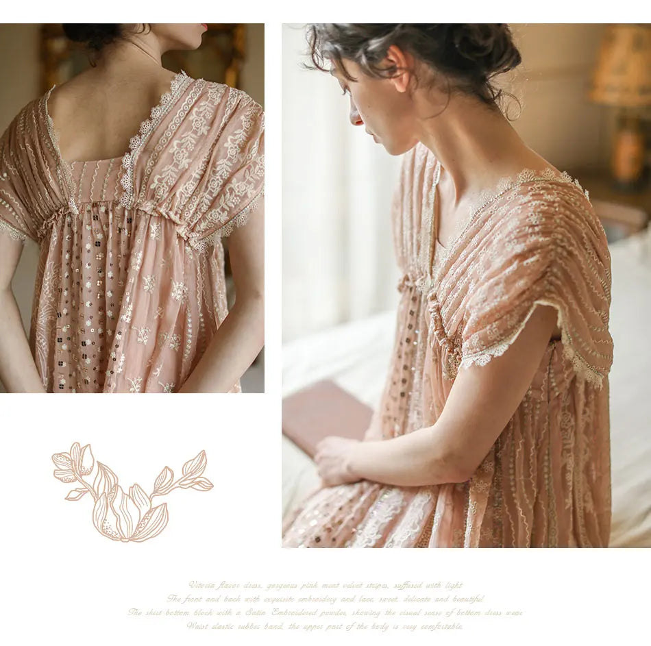 AIGYPTOS Spring Summer Women Pink Dress Vintage Elegant Slim Lace V-Neck Shiny Sequines Luxury Embroidery Party Birthday Dress