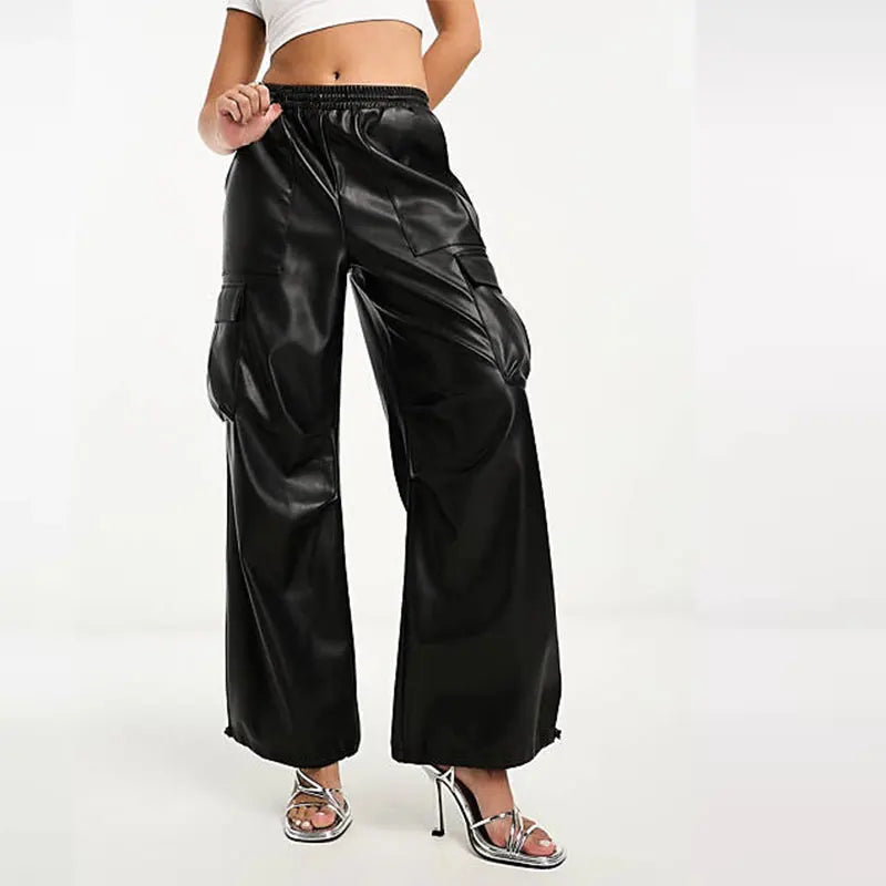 Women's PU Leather Wide Leg Pants,Black, Casual, Loose, High Waist, Vintage, Slim, Elastic, Flare, Straight Leg, Winter