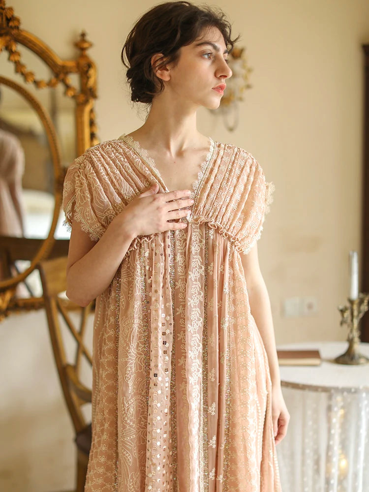 AIGYPTOS Spring Summer Women Pink Dress Vintage Elegant Slim Lace V-Neck Shiny Sequines Luxury Embroidery Party Birthday Dress