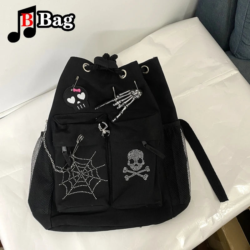Y2K Gothic Women Girls punk Rock Backpack shoulder Bags Handbags Harajuku student punk Drawcord embroidery Backpacks totes