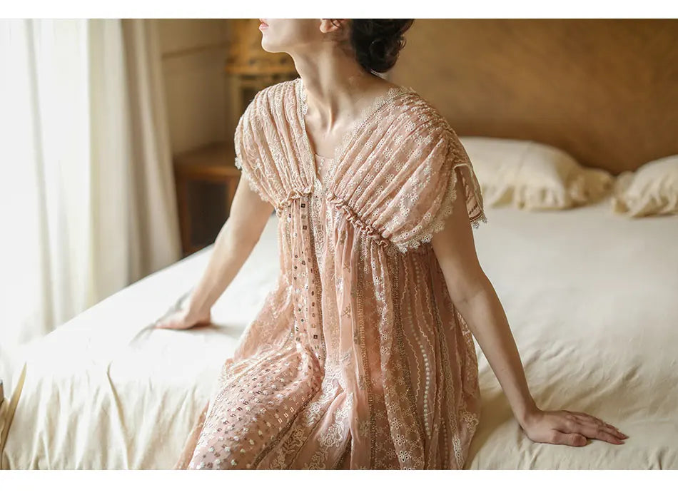 AIGYPTOS Spring Summer Women Pink Dress Vintage Elegant Slim Lace V-Neck Shiny Sequines Luxury Embroidery Party Birthday Dress