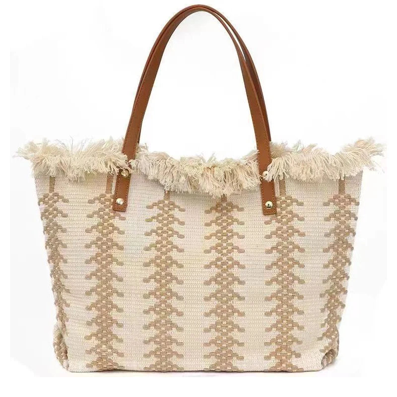 Women Shoulder Bag Large Capacity Canvas Shopping Tote Bags Summer Beach Travel Tassel Contrasting Colors Retro Holiday Handbag