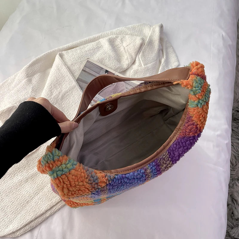 Fashion Classic Versatile Women's Panel Color Woolen Cloth Single Shoulder Tote Bag Outdoor Simple Commuter Casual Storage Bags