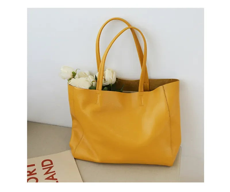 Women Luxury Bag Casual Tote Female Fashion Summer Beach Handbag Lady Popular Soft Cowhide Genuine Leather Shoulder Shopping Bag