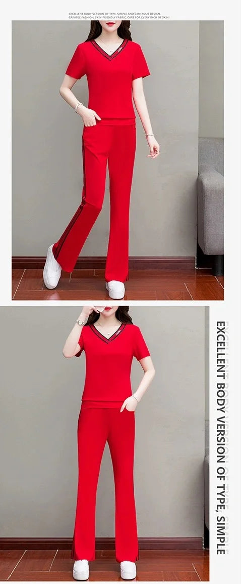 2022 new short sleeve V-neck T-shirt fashion casual wear two piece suit sports micro flared pants suit