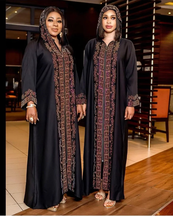 African Ethnic Style Hooded Dress for Women, Muslim Abayat, Hot Drilling with Zipper at Front and Back, Middle East