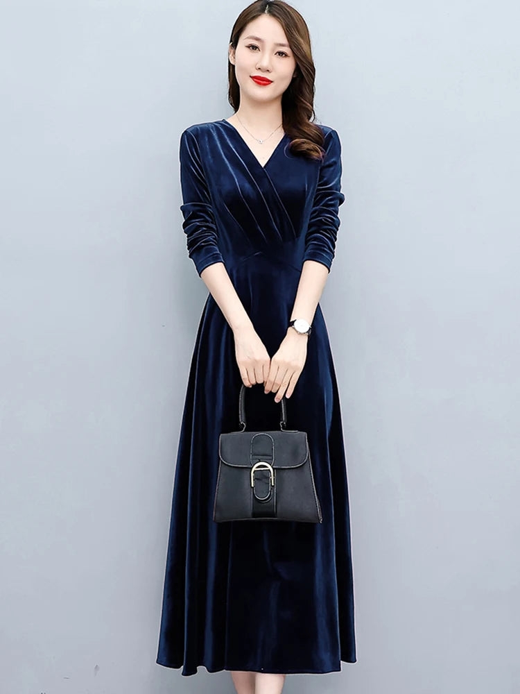 2024 Vintage Long Sleeve Women Sexy Midi Dresses Autumn Winter Velvet Thick Warm Dress Elegant Bodycon Party Night Maxi Vestidos