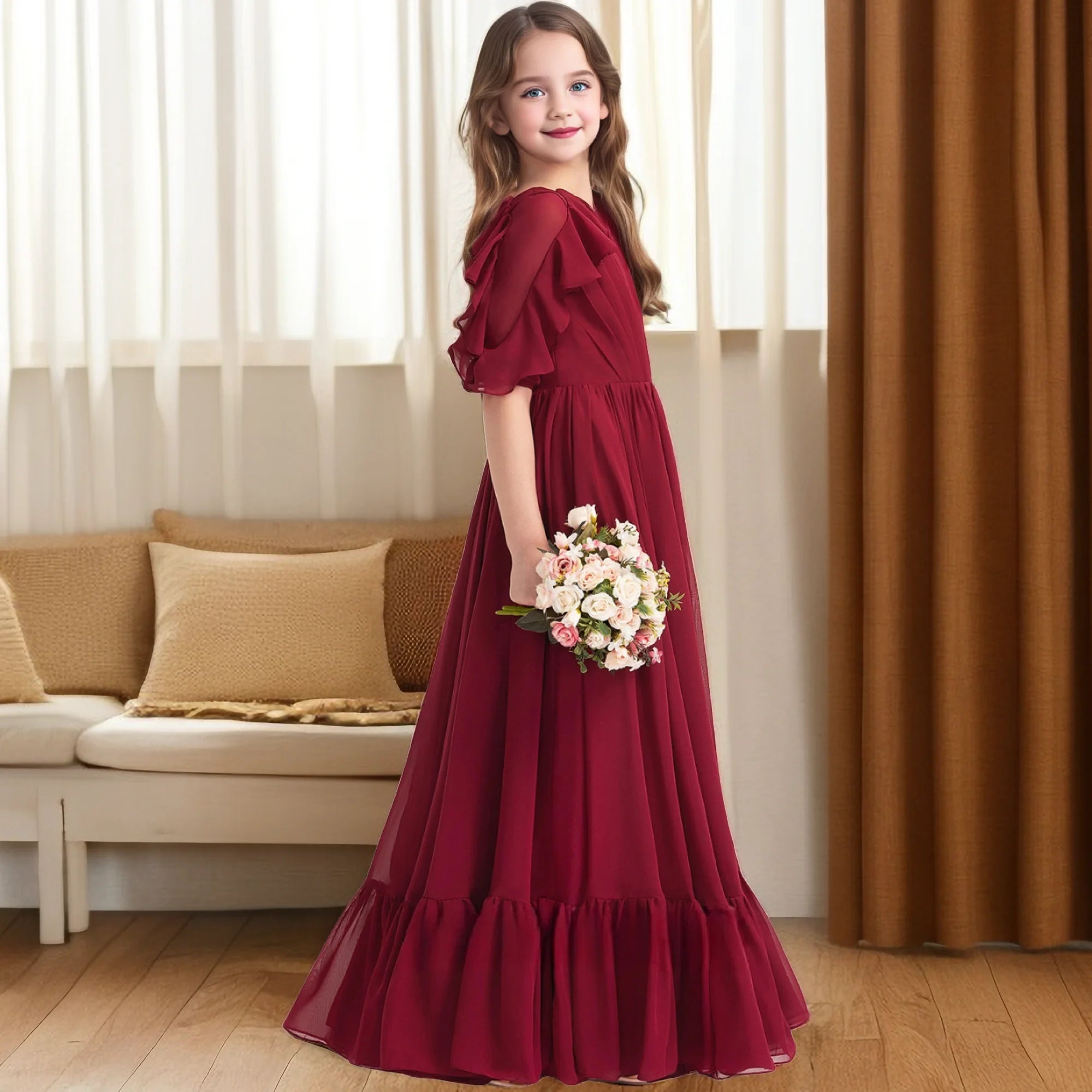 Floor-Length Chiffon For Children Wedding Pageant Graduation Birthday Party Event Ball-Gown Festivity Celebration Banquet Prom