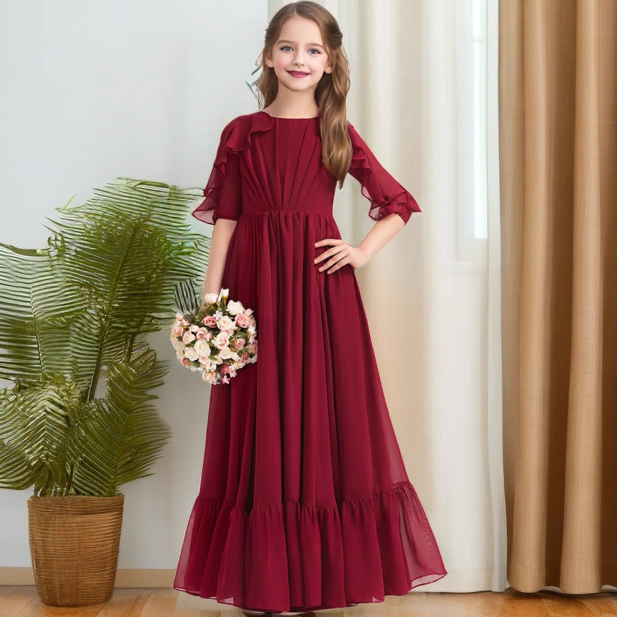 Floor-Length Chiffon For Children Wedding Pageant Graduation Birthday Party Event Ball-Gown Festivity Celebration Banquet Prom