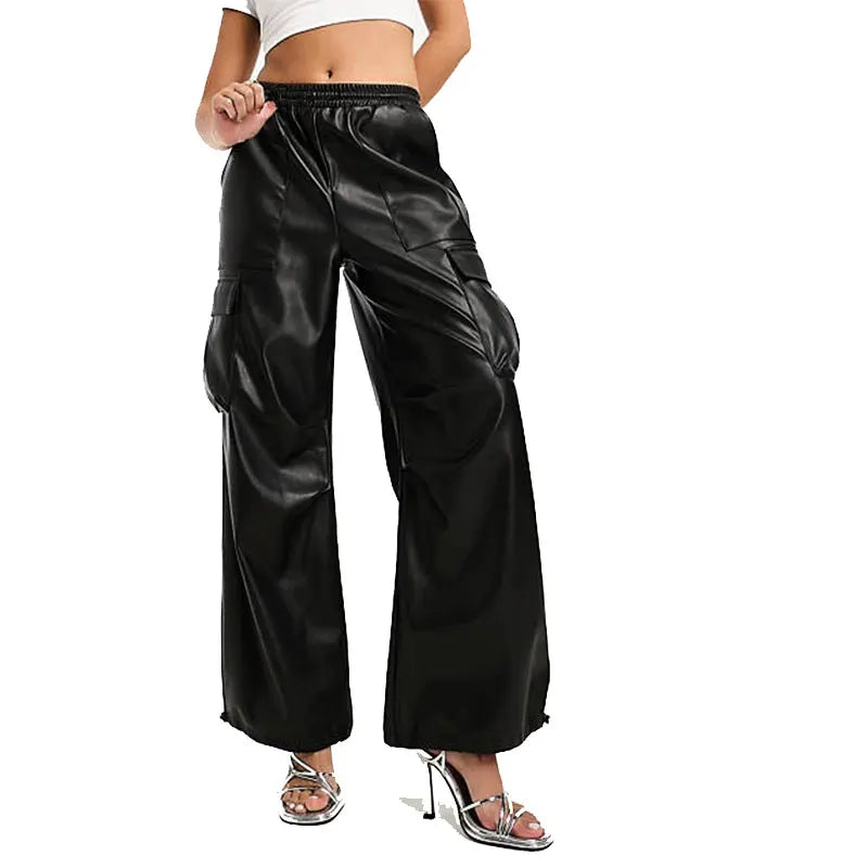 Women's PU Leather Wide Leg Pants,Black, Casual, Loose, High Waist, Vintage, Slim, Elastic, Flare, Straight Leg, Winter