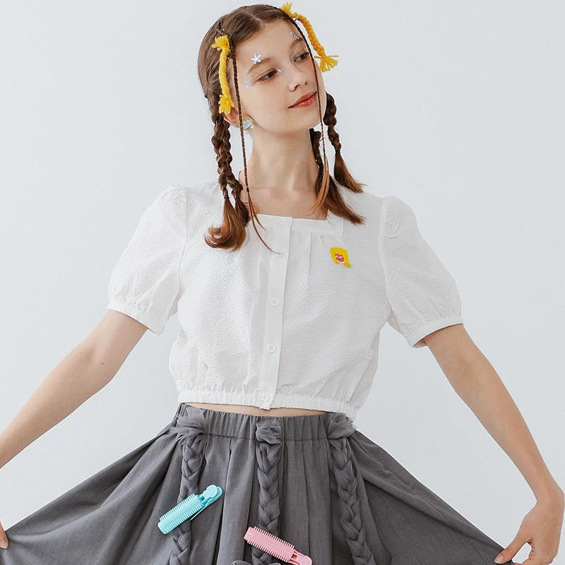 2023 Summer New Original Niche Design Women's White Cropped Shirts Crop Tops Cotton Short-sleeved Spicy Girl Short Blouse