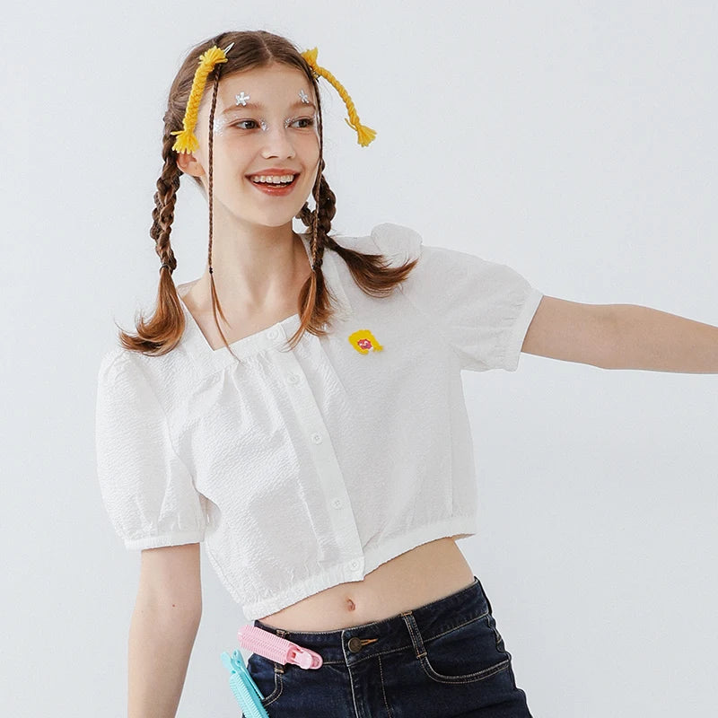 2023 Summer New Original Niche Design Women's White Cropped Shirts Crop Tops Cotton Short-sleeved Spicy Girl Short Blouse