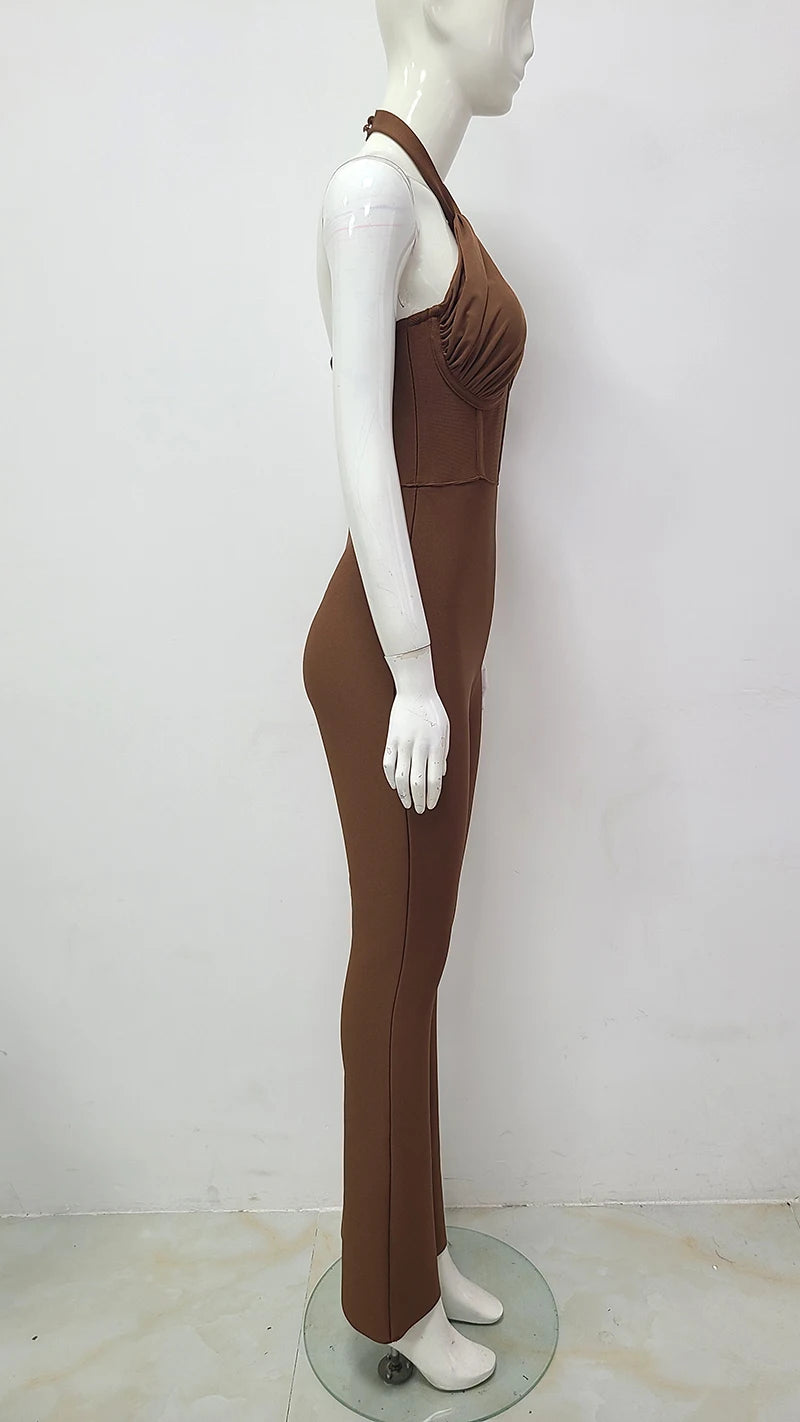 2023 New Sleeveless High Quality Fashion Stretch Wholesale Bandage Jumpsuit Women Long Bodysuit Brown Halter Sexy Backless