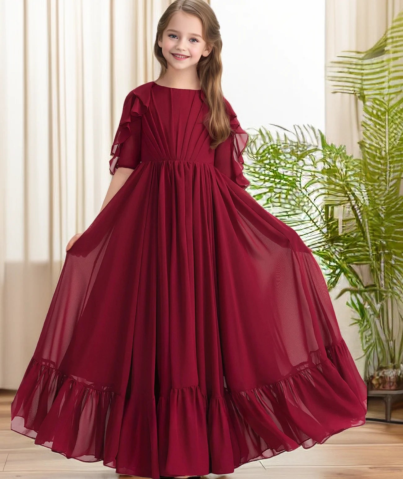 Floor-Length Chiffon For Children Wedding Pageant Graduation Birthday Party Event Ball-Gown Festivity Celebration Banquet Prom
