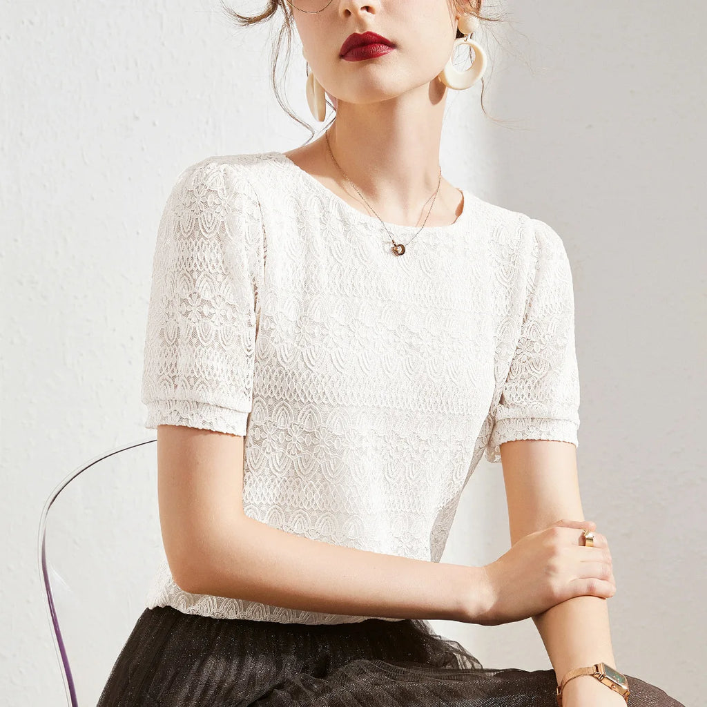 2023 Summer New Style Lace Shirt Women's Western Style Small Shirt Women Short-sleeved French Puff Sleeve Round Neck Top Women