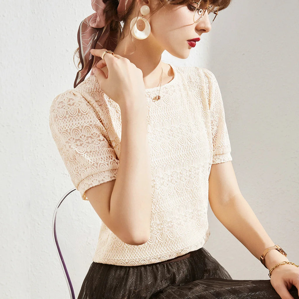 2023 Summer New Style Lace Shirt Women's Western Style Small Shirt Women Short-sleeved French Puff Sleeve Round Neck Top Women