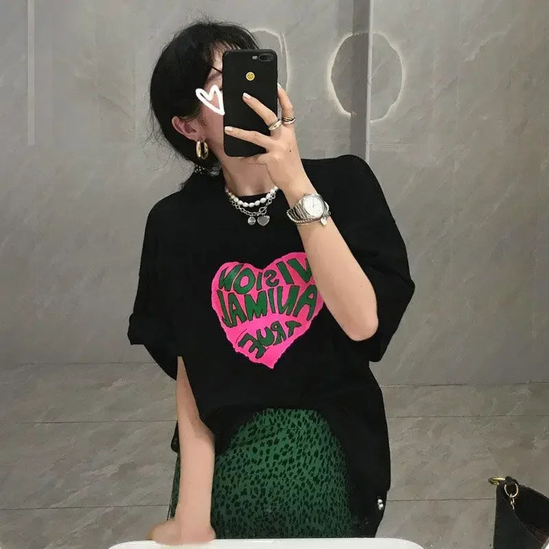 2023 Summer Loose Letters Girls Short-sleeved T-shirt Retro High-waisted Leopard Print Half-body Skirt Suit Two-piece Female Y2K