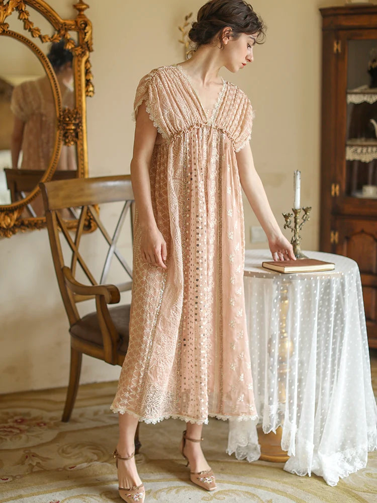 AIGYPTOS Spring Summer Women Pink Dress Vintage Elegant Slim Lace V-Neck Shiny Sequines Luxury Embroidery Party Birthday Dress