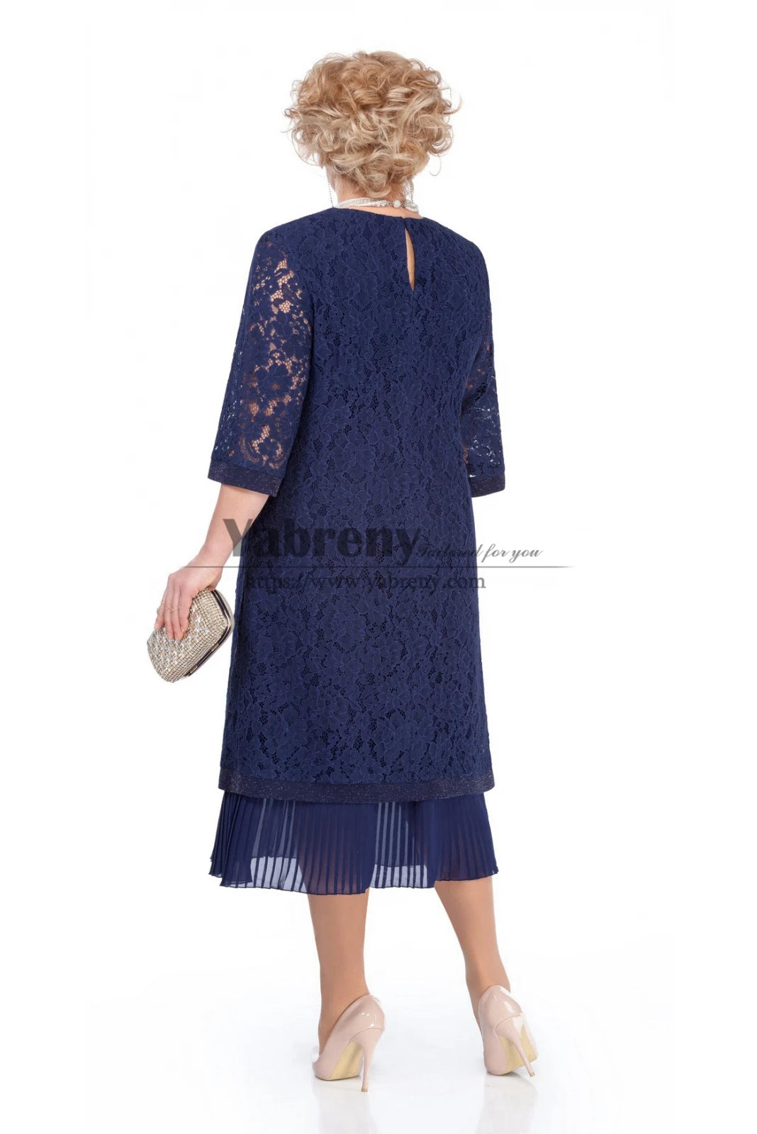 2022 Dark navy Plus Size Tea-Length Mother of the bride Lace dress with Accordion pleats