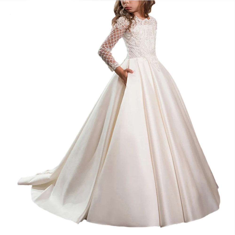 Long Sleeves Children Wedding Dress For Little Kids First Holy Communion Formal Satin Lace Princess Party Prom Dress for 3-12yrs