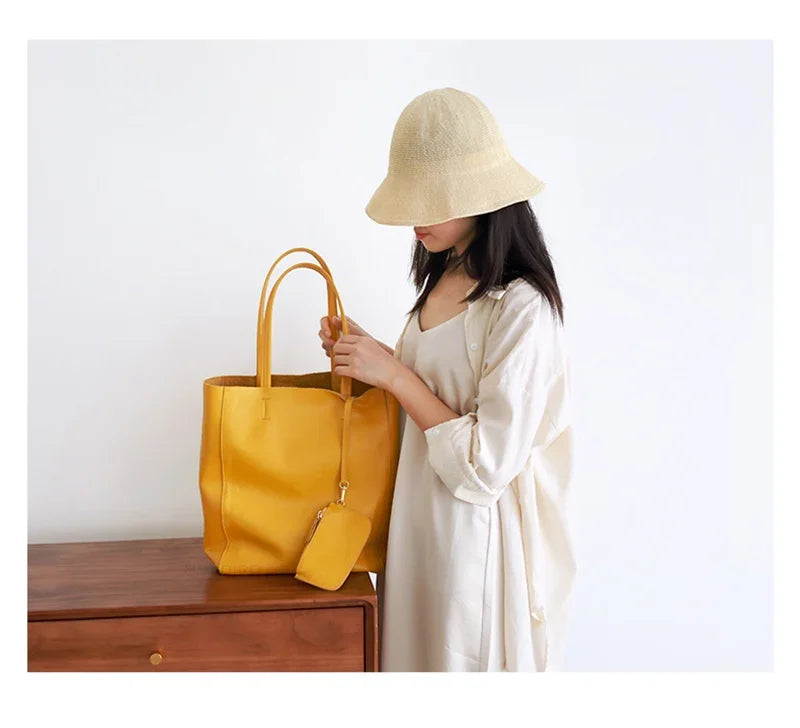 Women Luxury Bag Casual Tote Female Fashion Summer Beach Handbag Lady Popular Soft Cowhide Genuine Leather Shoulder Shopping Bag