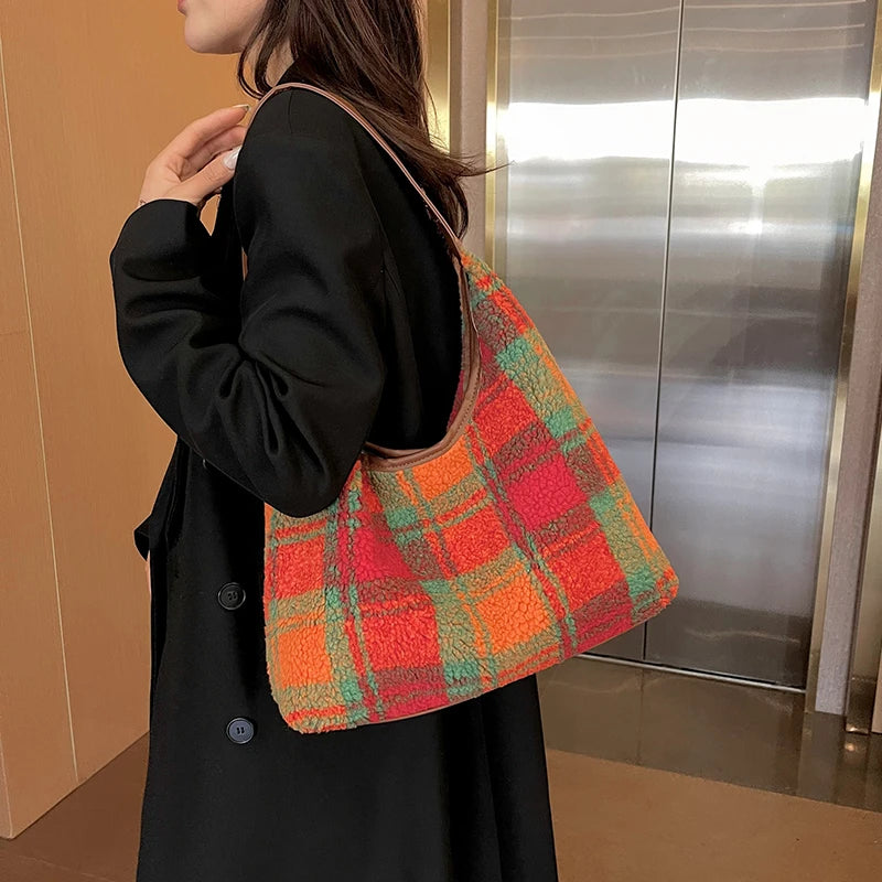 Fashion Classic Versatile Women's Panel Color Woolen Cloth Single Shoulder Tote Bag Outdoor Simple Commuter Casual Storage Bags