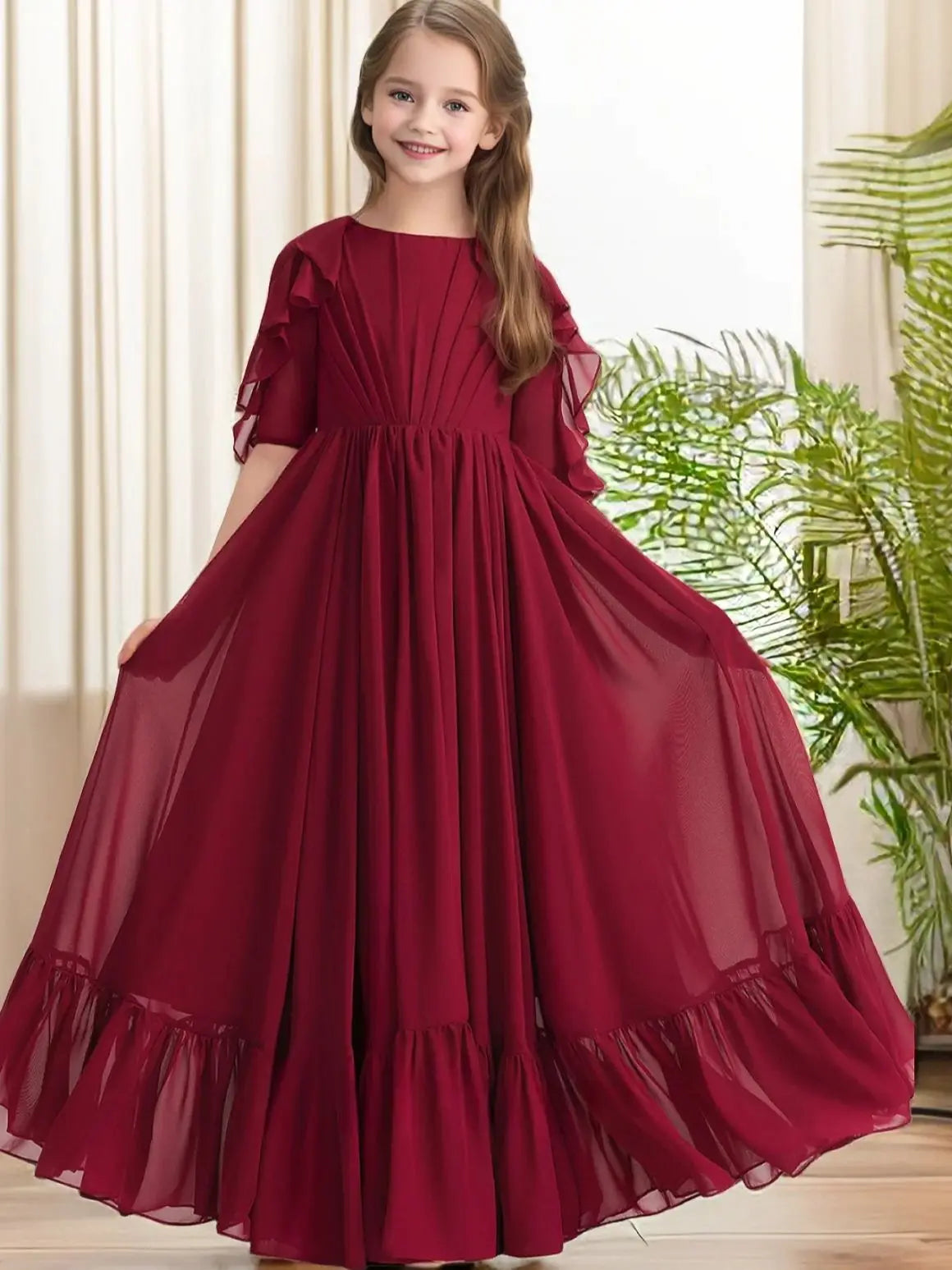 Floor-Length Chiffon For Children Wedding Pageant Graduation Birthday Party Event Ball-Gown Festivity Celebration Banquet Prom