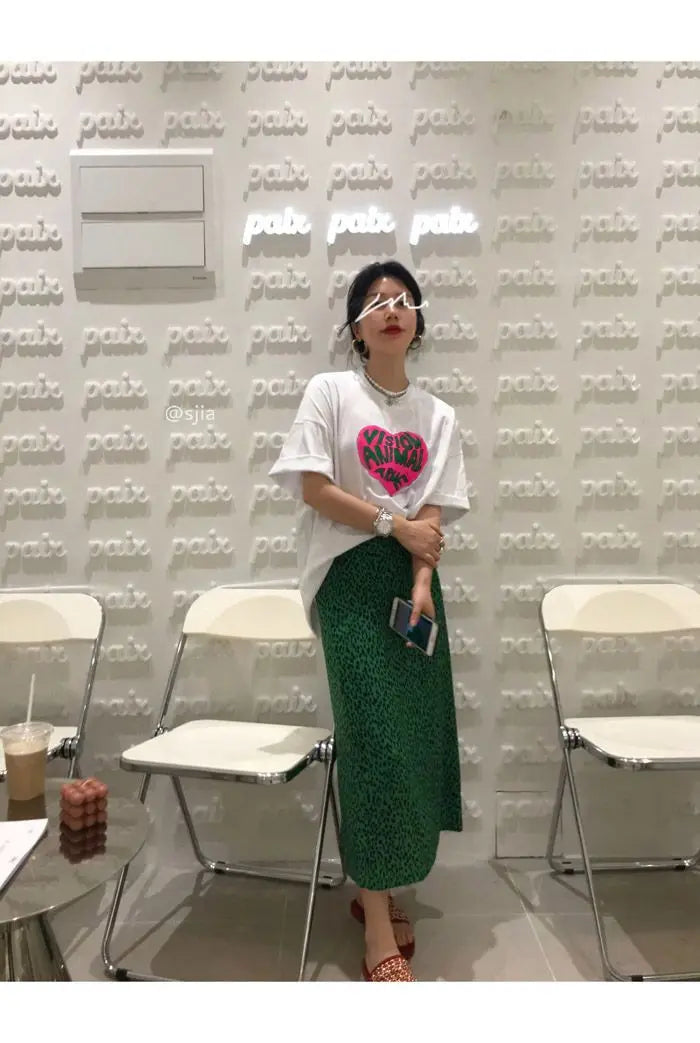 2023 Summer Loose Letters Girls Short-sleeved T-shirt Retro High-waisted Leopard Print Half-body Skirt Suit Two-piece Female Y2K