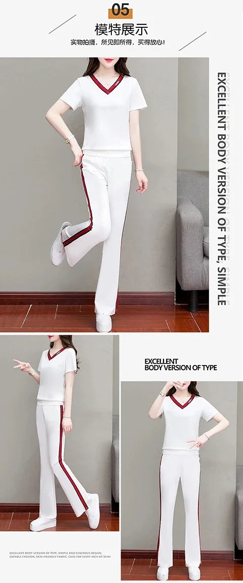 2022 new short sleeve V-neck T-shirt fashion casual wear two piece suit sports micro flared pants suit